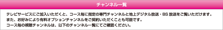 チャンネル一覧　テレビサービスにご加入いただくと、コース毎に指定の専門チャンネルと地上デジタル放送・BS放送をご覧いただけます。また、お好みにより有料オプションチャンネルをご契約いただくことも可能です。コース毎の視聴チャンネルは、以下のチャンネル一覧にてご確認ください。