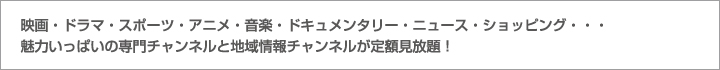 映画・ドラマ・音楽・スポーツ・アニメ・ニュース・ドキュメンタリー・ショッピング・・・魅力いっぱいの専門チャンネルが定額見放題！